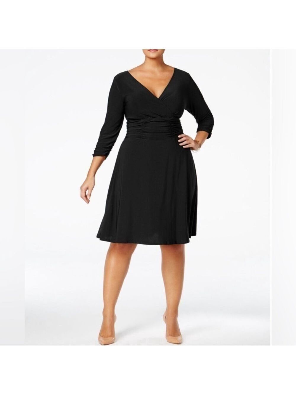 NY COLLECTION Black Ruched 3/4 Sleeve V Neck Knee Length A-Line Dress Plus 1X